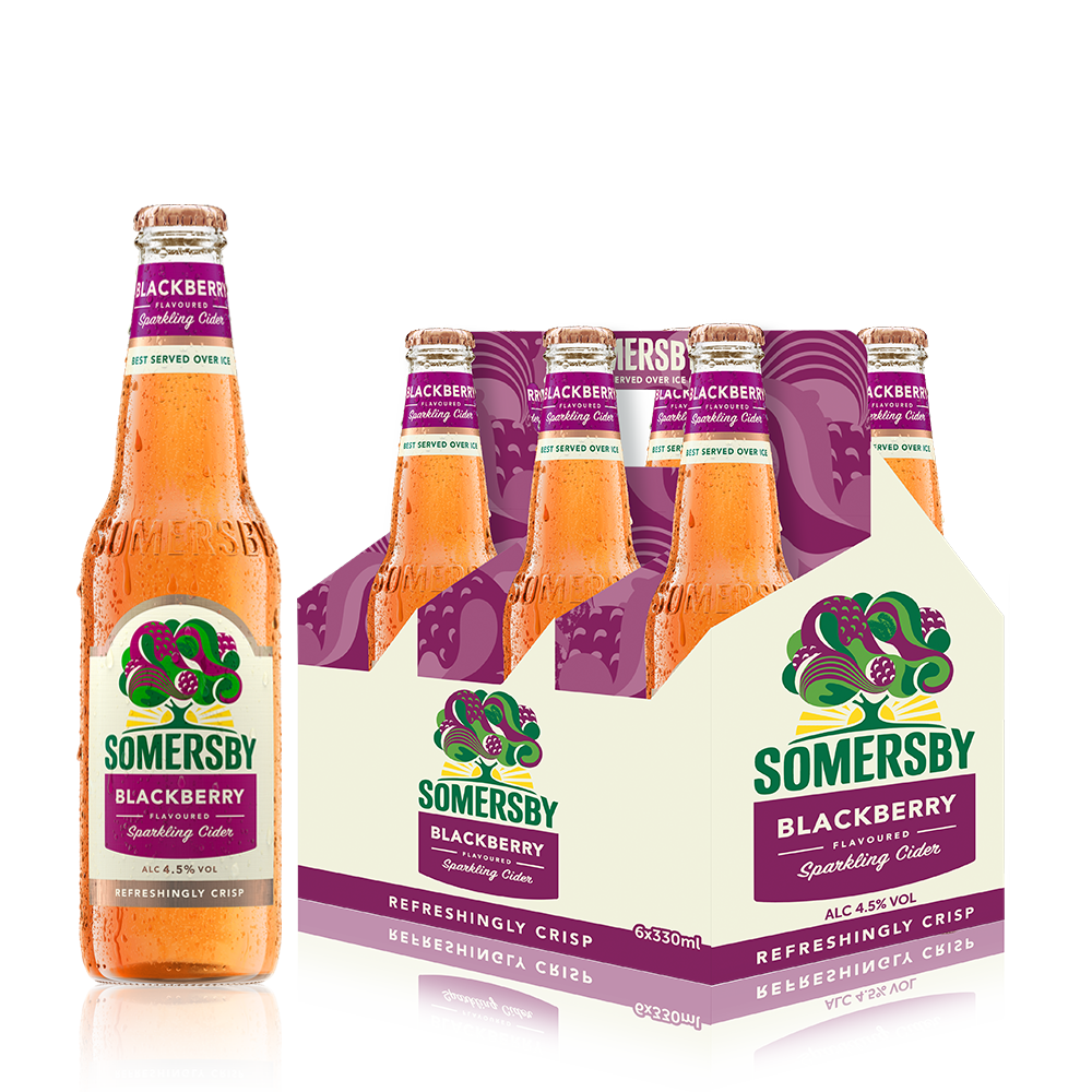 Pack of six Somersby Blackberry Cider 330ml bottles with branding and purple graphics.