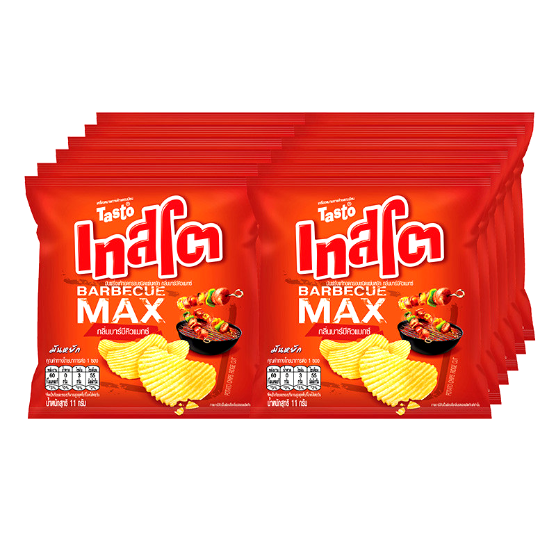Tasto Barbecue Max Flavored Potato Chips Ridge Cut Bag 11g Pack of 12pcs