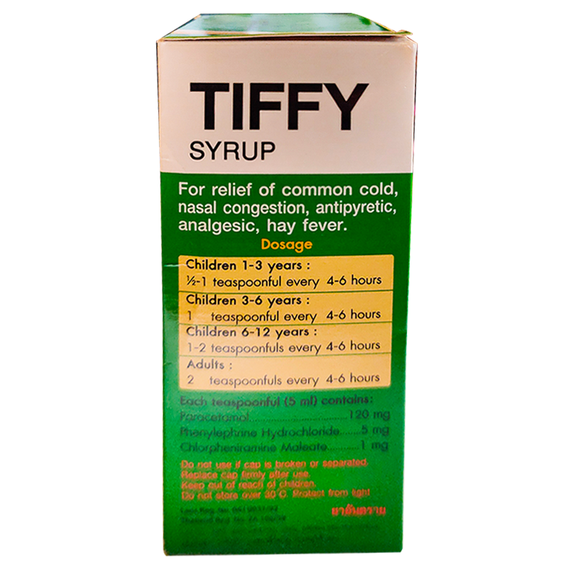 Tiffy syrup ຂະຫນາດ 60ml ສໍາລັບບັນເທົາອາການຫວັດທໍາມະດາ, ດັງດັງ, ແກ້ອາການໄຂ້, ແກ້ປວດ, ໄຂ້ hay.
