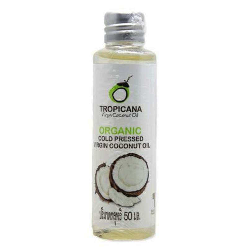 A bottle of Tropicana Organic Cold Pressed Virgin Coconut Oil with a label showing the brand logo, product name, and volume of 50ml.