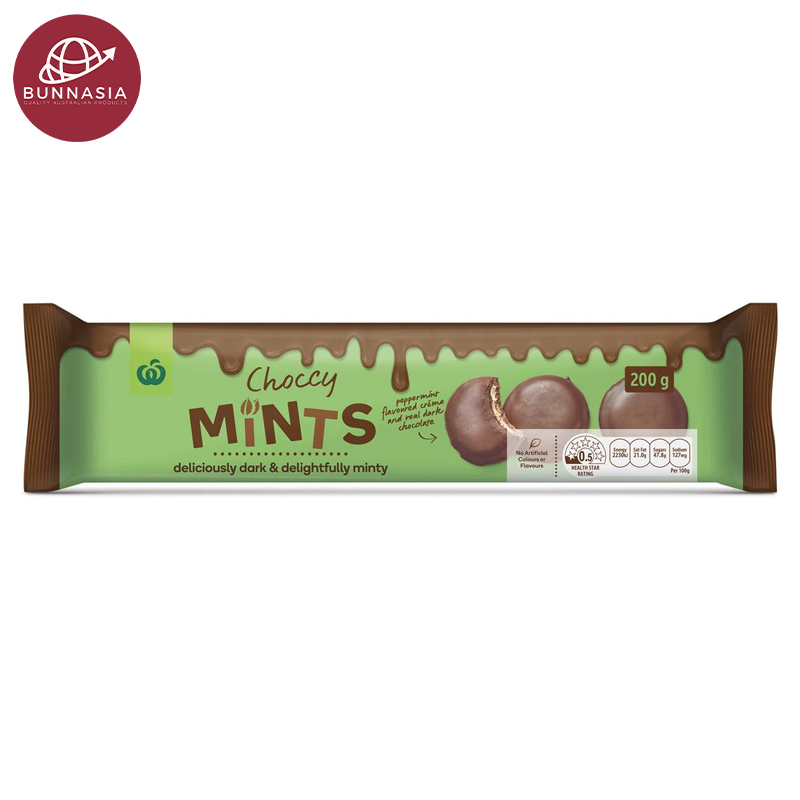 Woolworths Choccy Mints pepper mint ລົດຊາດອາຊະຍາກໍາ & ຊັອກໂກແລັດຊ້ໍາ 200g
