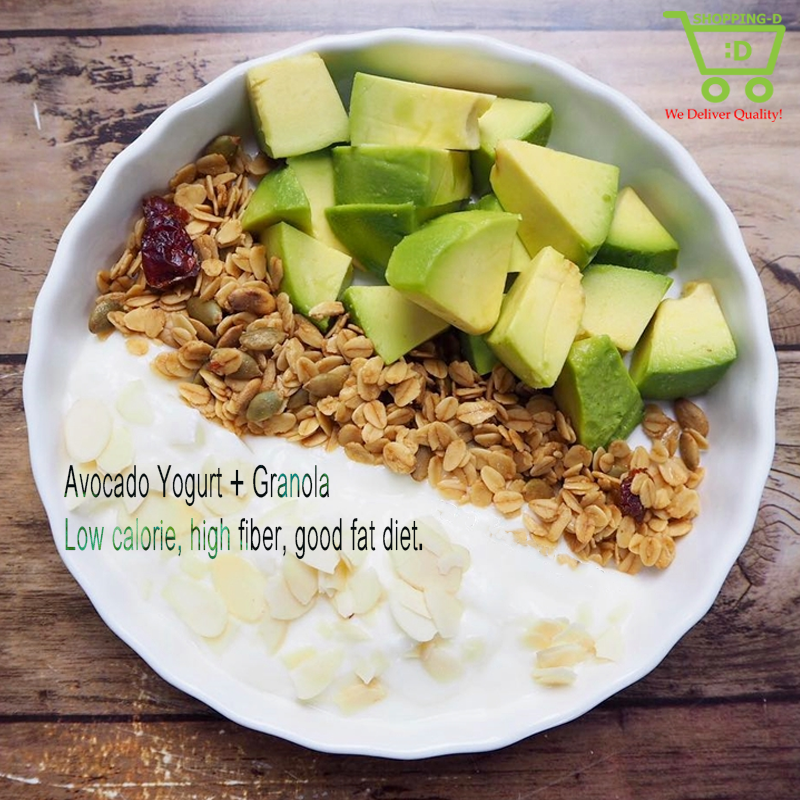 Avocado Yogurt + Granola Low calorie, high fiber, good fat diet.