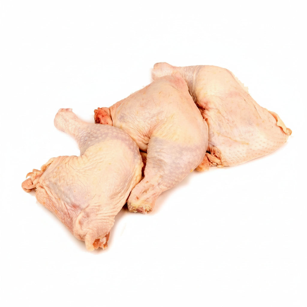 Three raw chicken legs on a white background