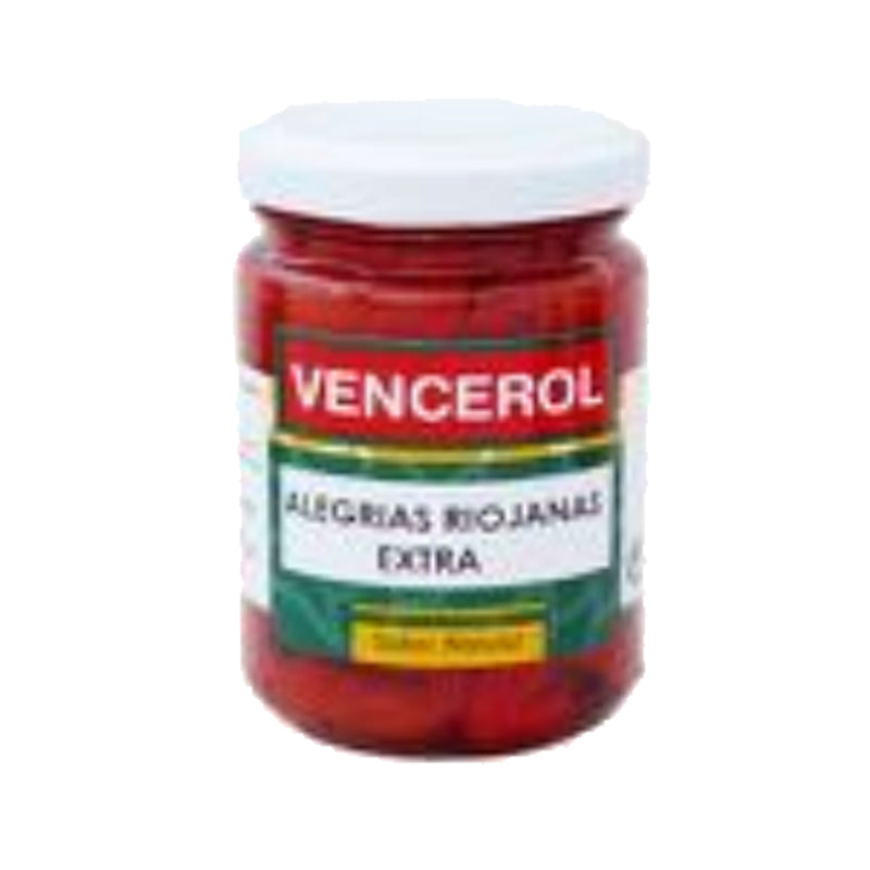 A jar of ALEGRIAS RED PEPPERS VENCEROL hot sauce, 170ml size, with a white lid and a label that has red and green colors and the brand name on it.