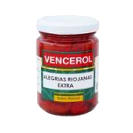 A jar of ALEGRIAS RED PEPPERS VENCEROL hot sauce, 170ml size, with a white lid and a label that has red and green colors and the brand name on it.