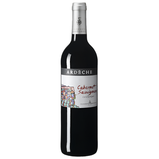 A bottle of ARDECHE Cabernet Sauvignon wine with a label showing the brand and the type of wine. The bottle is upright and has a dark tint.