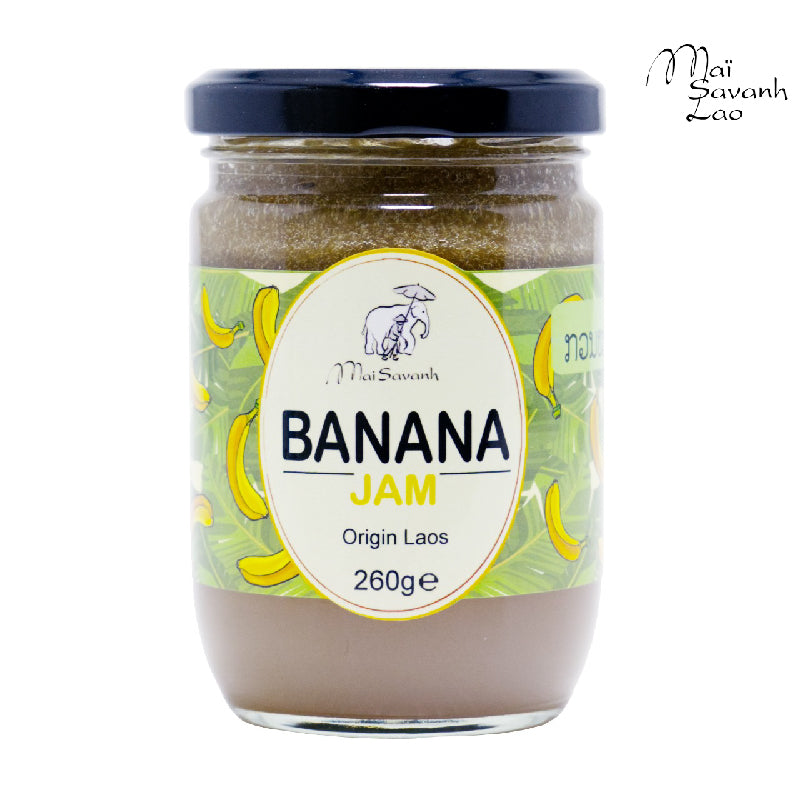 A jar of Mai Savanh Lao Banana Jam with a label showing the brand name, weight of 260g, and the text 'Origin Laos'.