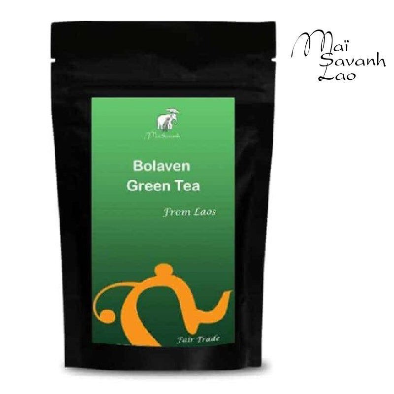 A package of Bolaven Green Tea from Laos with a green and black color scheme and the Mai Savanh Lao brand logo.