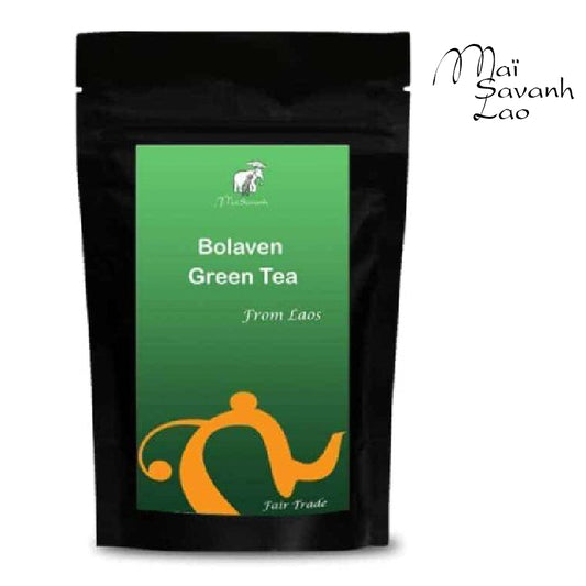 A package of Bolaven Green Tea from Laos with a green and black color scheme and the Mai Savanh Lao brand logo.