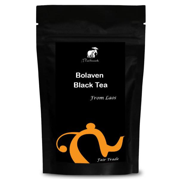Black tea packaging with 'Bolaven Black Tea from Laos' text on a white background