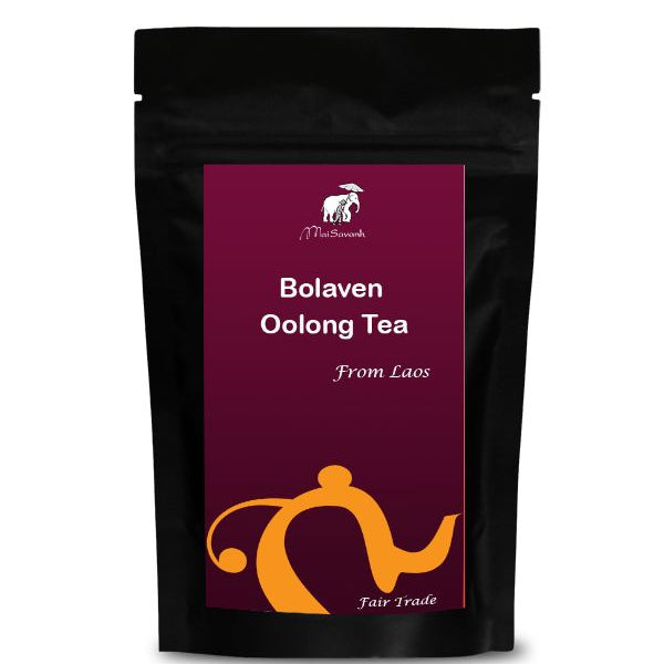 Black tea bag with maroon label featuring 'Bolaven Oolong Tea from Laos' on a white background