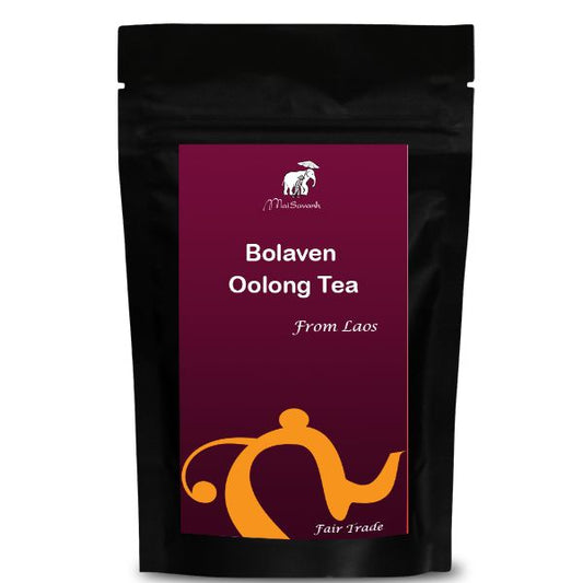Black tea bag with maroon label featuring 'Bolaven Oolong Tea from Laos' on a white background