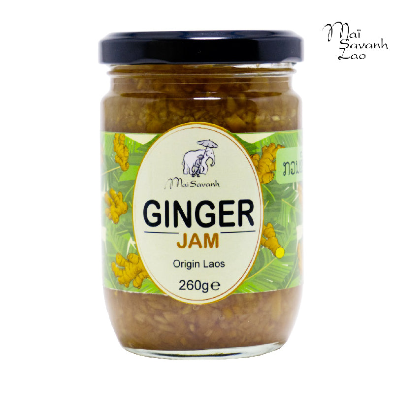 A jar of Mai Savanh Ginger Jam with a label indicating it is an organic product from Laos, weight 260g.
