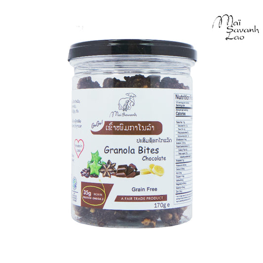 Jar of granola bites with a white label on a white background