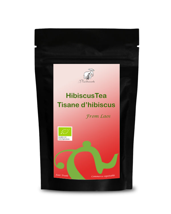 Hibiscus tea package with red label and black packaging on a white background