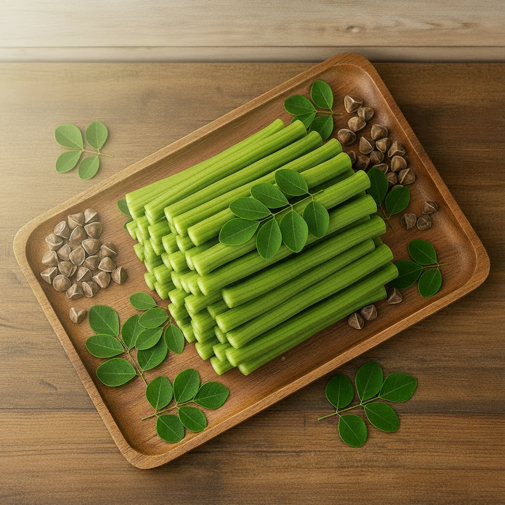 Green sticks, leaves, and brown seeds on a wooden surface