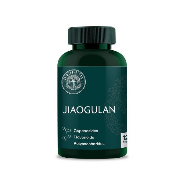 Green bottle of Jiaogulan supplement with brand logo on a white background