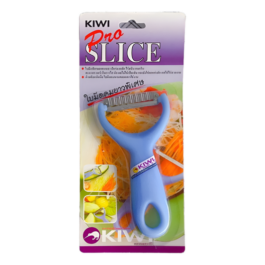 A KIWI brand fruit and vegetable scraper with a blue handle and stainless steel blade, packaged in a blister pack with the name 'Pro SLICE' displayed at the top.