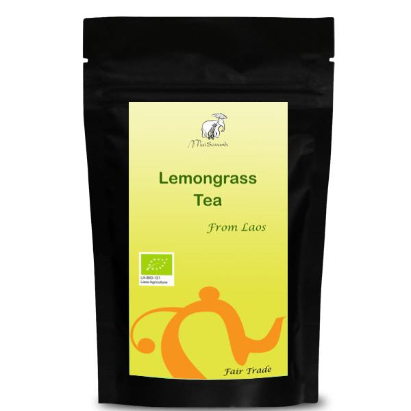Black tea package with a yellow label featuring 'Lemongrass Tea from Laos' on a white background