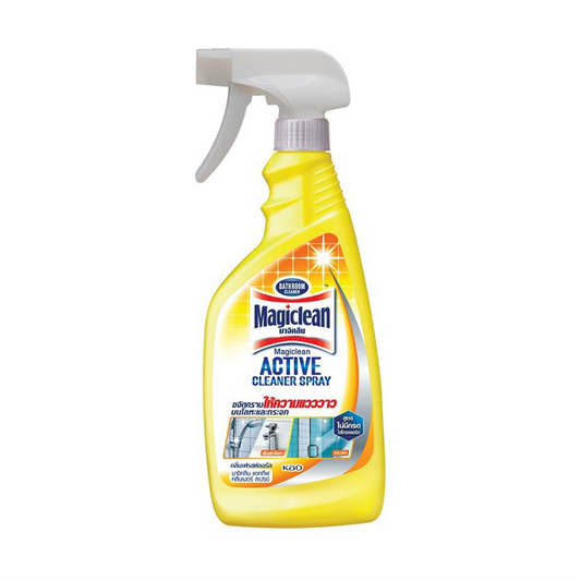 A yellow spray bottle of Magiclean Active Cleaner with a label showing the product name and a hint of a floral scent.
