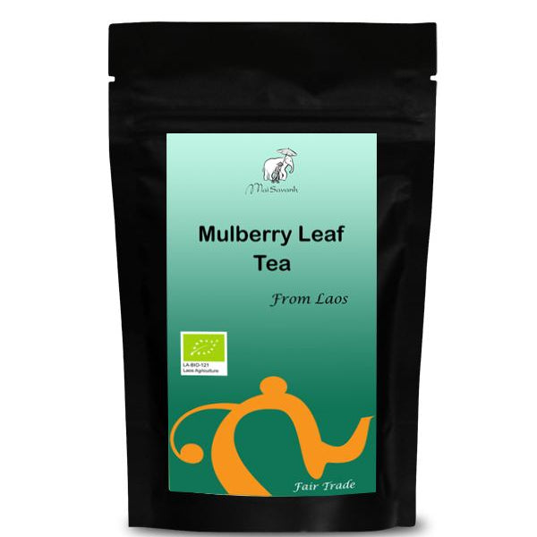 Black tea bag with green label featuring 'Mulberry Leaf Tea from Laos' on a white background