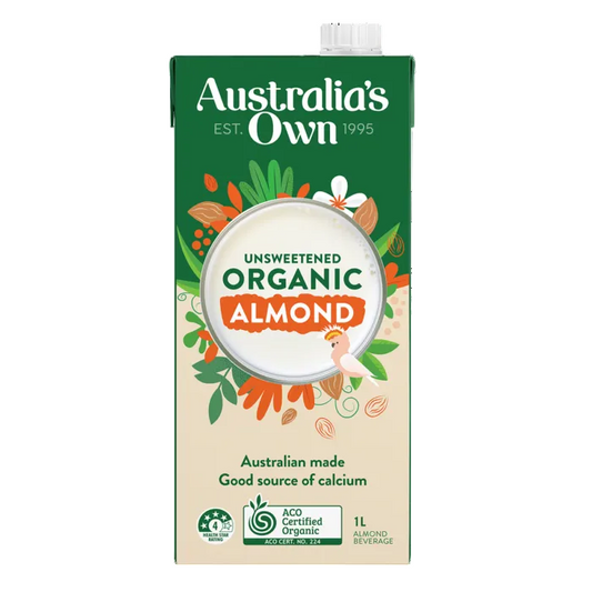 Carton of Australia's Own unsweetened organic almond milk on a white background