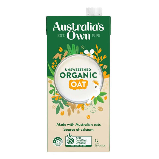 Carton of Australia's Own unsweetened organic oat beverage on a white background