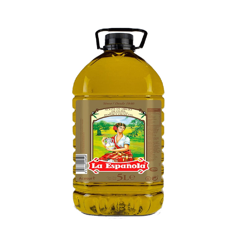 A 5L PET bottle of POMACE OLIVE OIL with a label featuring a traditional scene.