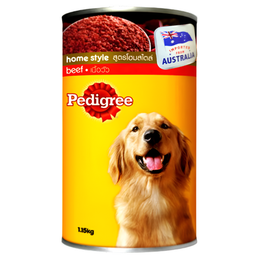 A can of Pedigree Home Style dog food with beef flavor. The can features an image of a golden retriever dog and indicates the beef is imported from Australia.