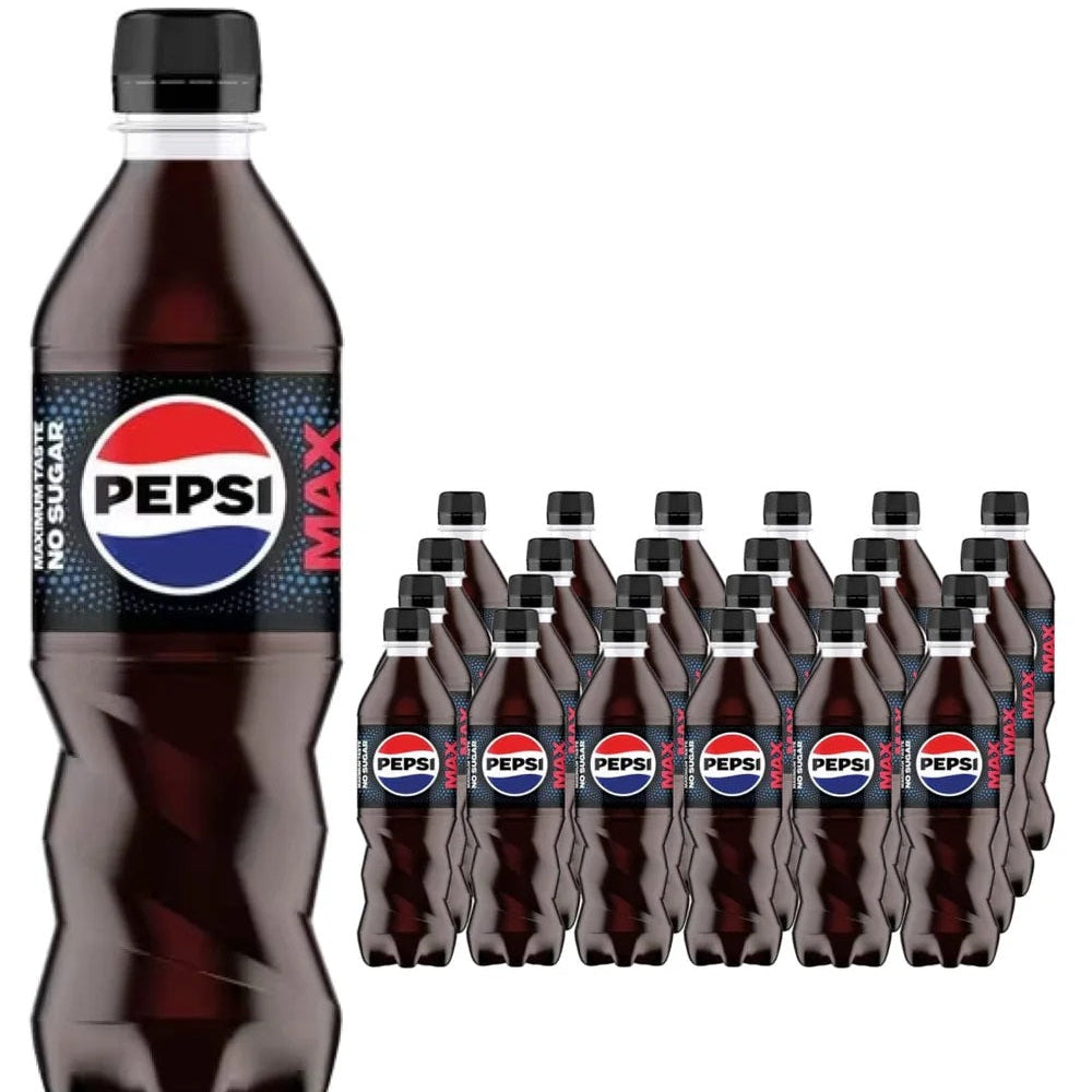 Pepsi Max bottle with a stack of Pepsi bottles on a white background