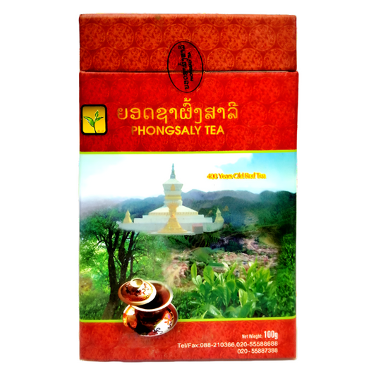 Packaging of Phongsaly Tea Brand old Red Tea featuring a scenic view of tea leaves and a traditional tea cup.