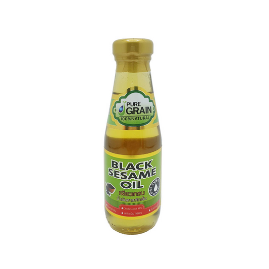 A 200ml bottle of Pure Grain Black Sesame Oil with a label that includes the product name and the phrases 'Natural', 'Organic', and 'Healthy Cooking'. The bottle cap is gold-colored, and the liquid inside appears to be light brown.