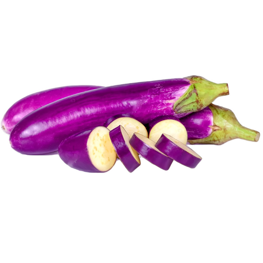“Half‑kilogram of long, glossy deep‑purple eggplants—smooth, elongated, and whole—arranged against a plain background.”