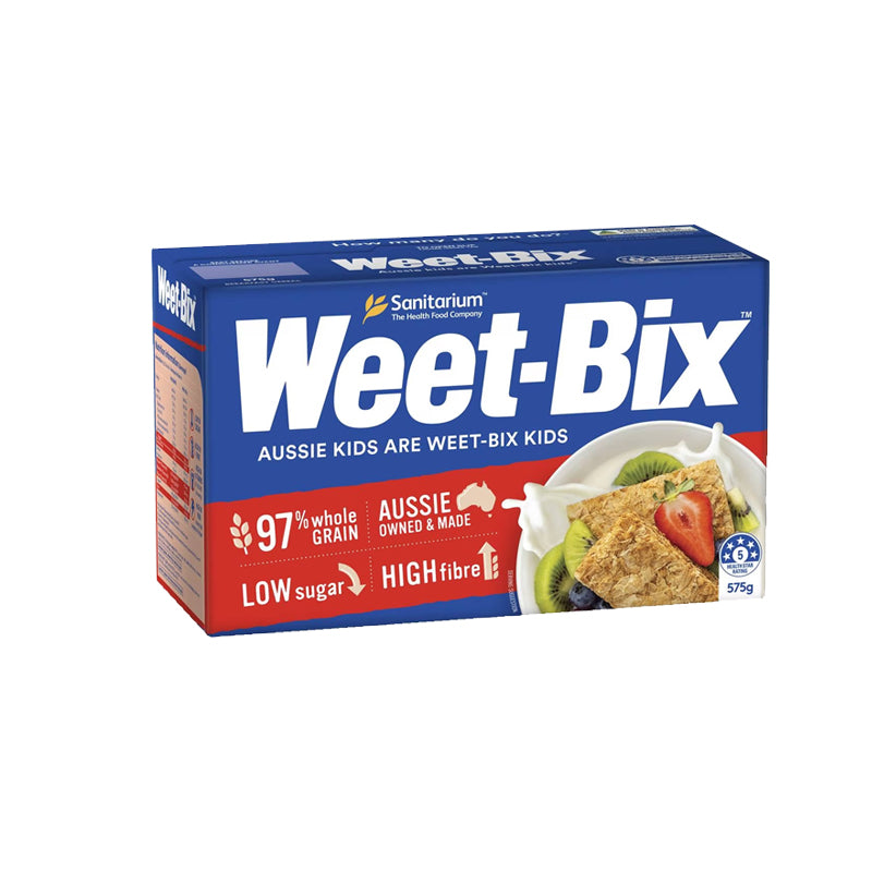 A box of Sanitarium Weet-bix Wheat Biscuits Regular 575g with a visual representation of the cereal and its health benefits.