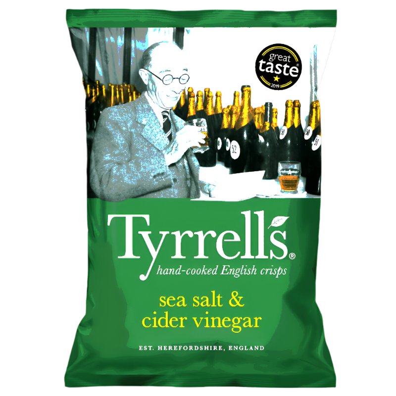 Tyrrells Sea Salt & Cider Vinegar Hand-Cooked English Crisps in a 150g bag – premium crunchy potato chips with a classic tangy flavor, packaged in a vintage-style white and green bag.