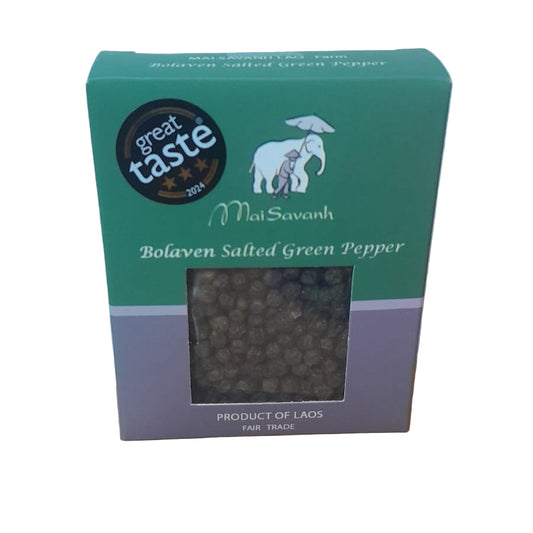 Box of Bolaven Salted Green Pepper with 'Great Taste' award on a white background