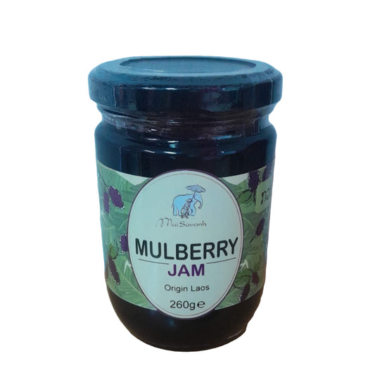 Jar of mulberry jam with a label on a white background