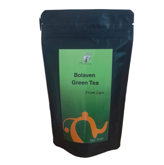 Tea package labeled 'Bolaven Green Tea from Laos' on a white background