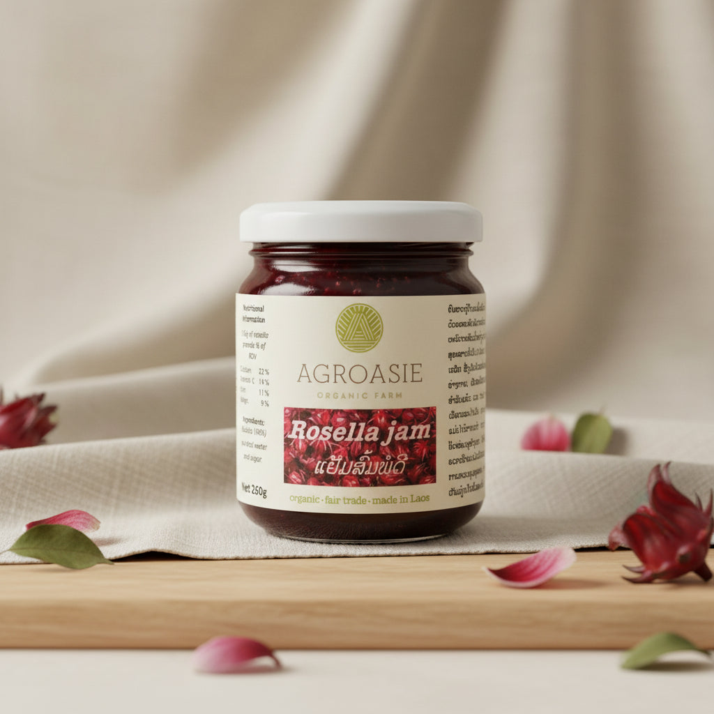 Jar of Agroasie Rosella jam on a white background