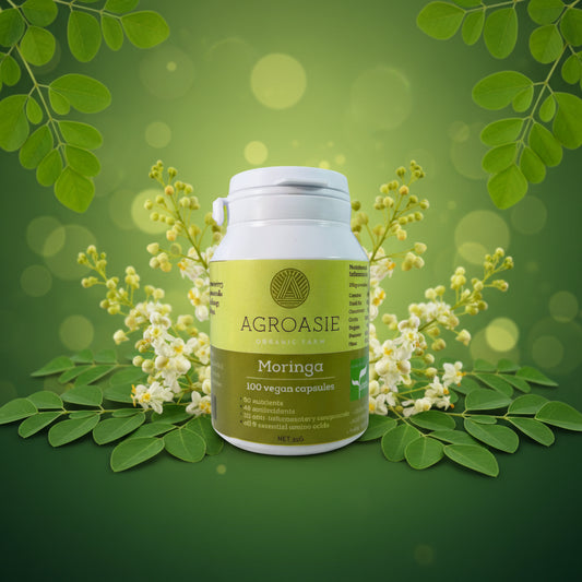 Agroasie Moringa vegan capsules container on a white background