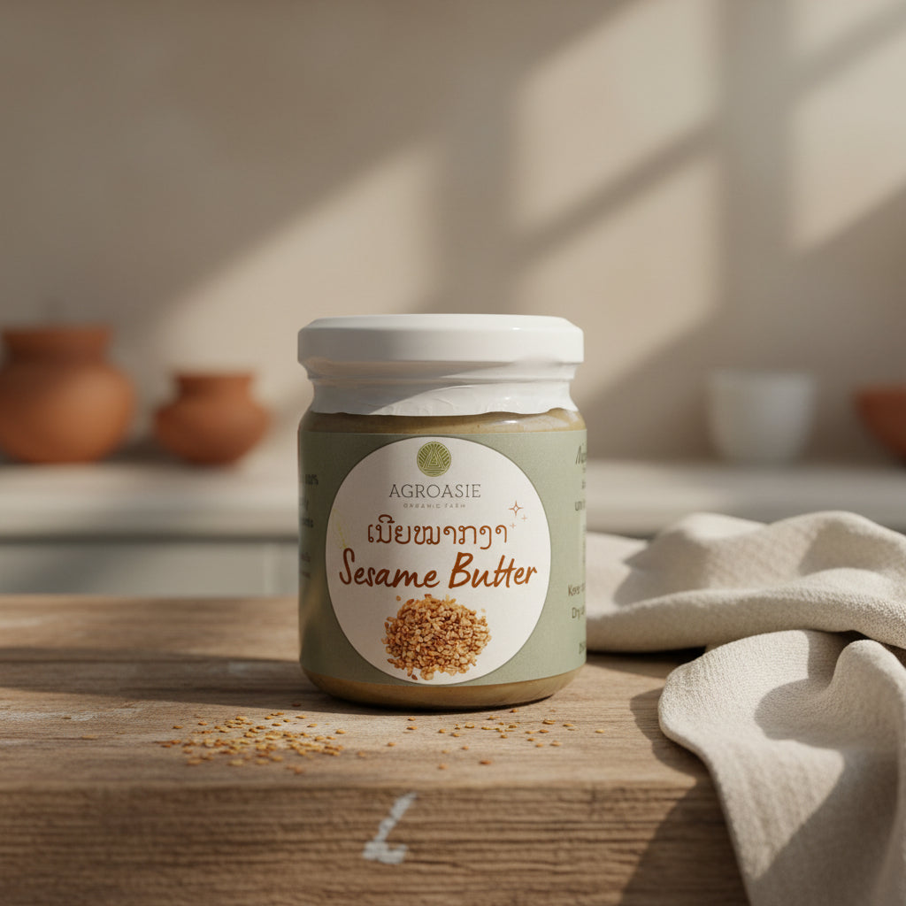 Jar of Agroasie Sesame Butter on a white background