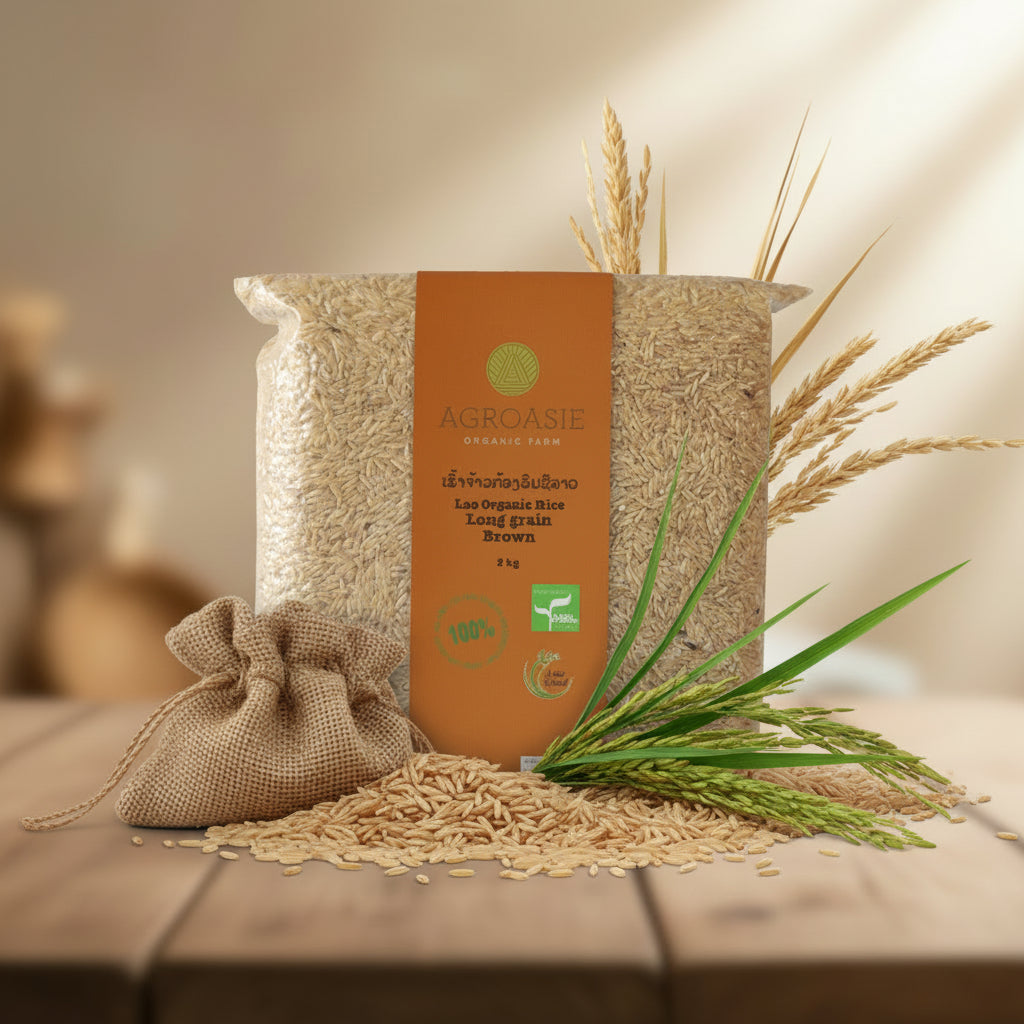 Bag of Agroasia organic brown rice on a white background