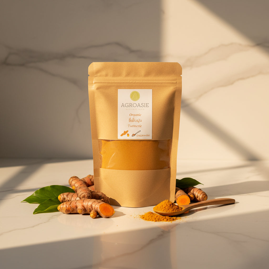 Kraft paper packaging with Agroasie label on a white background