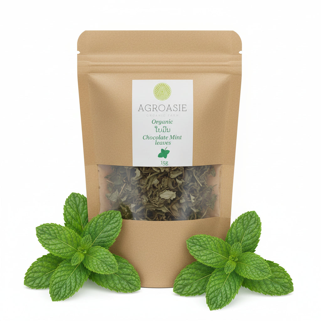Brown package of Agroasie Organic Chocolate Mint leaves on a white background