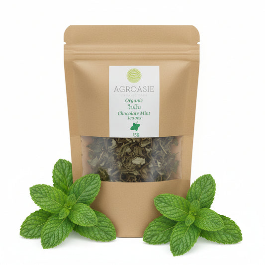 Brown package of Agroasie Organic Chocolate Mint leaves on a white background