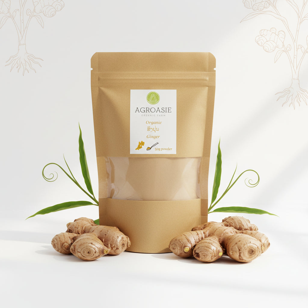 Brown paper bag with Agroasie label on a white background