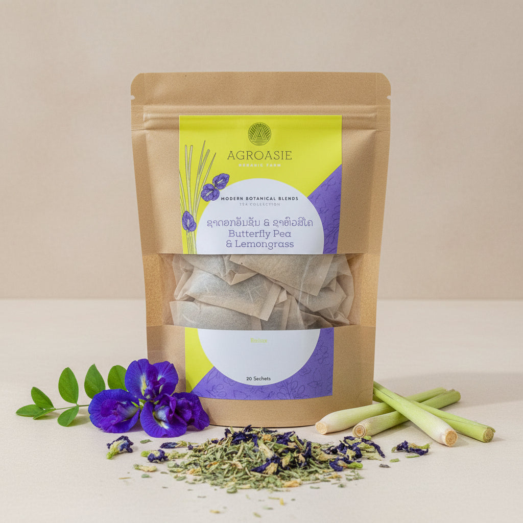 Tea package with Agroasie label featuring butterfly pea and lemongrass on a light background