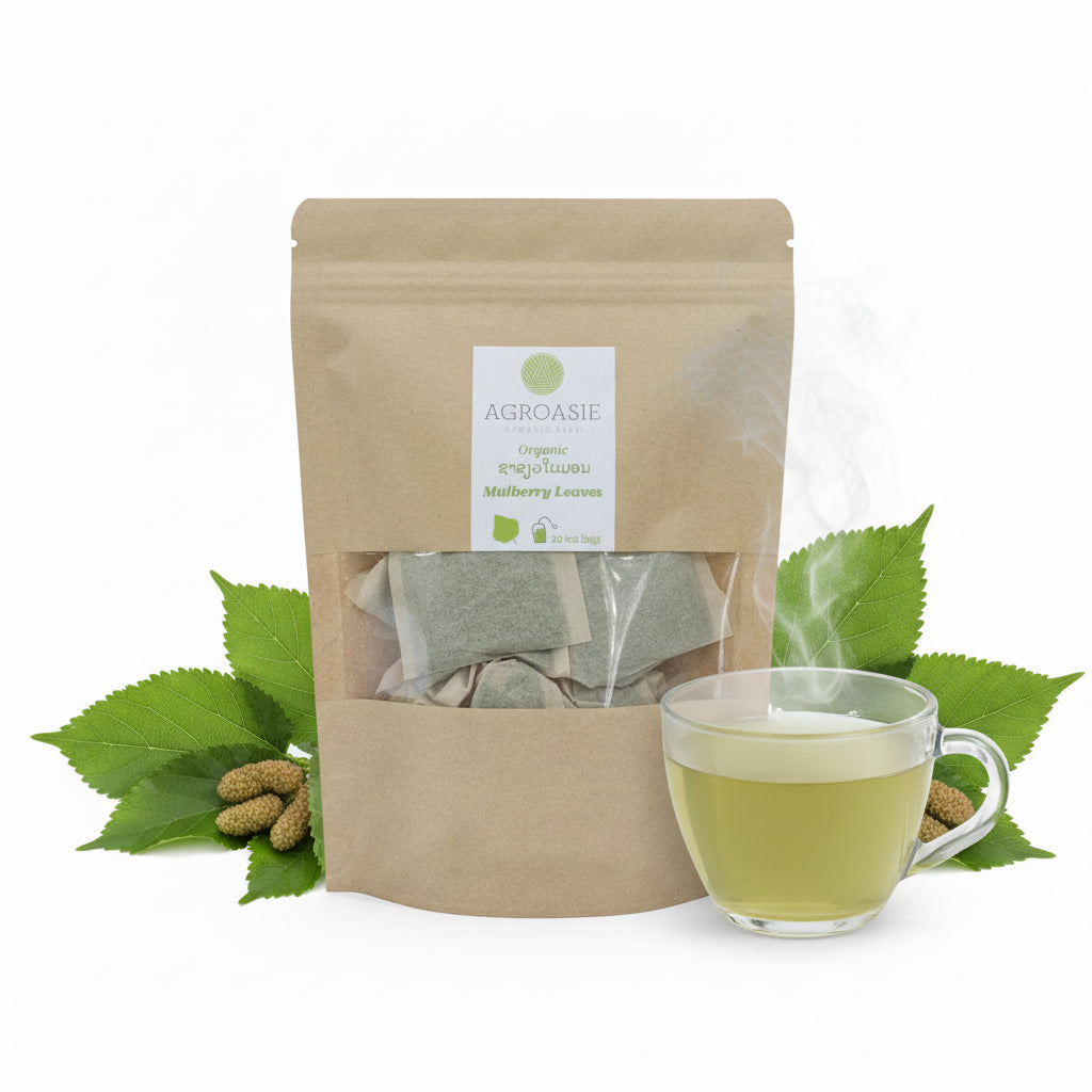 Kraft paper package of Agrogasie organic tea bags on a white background