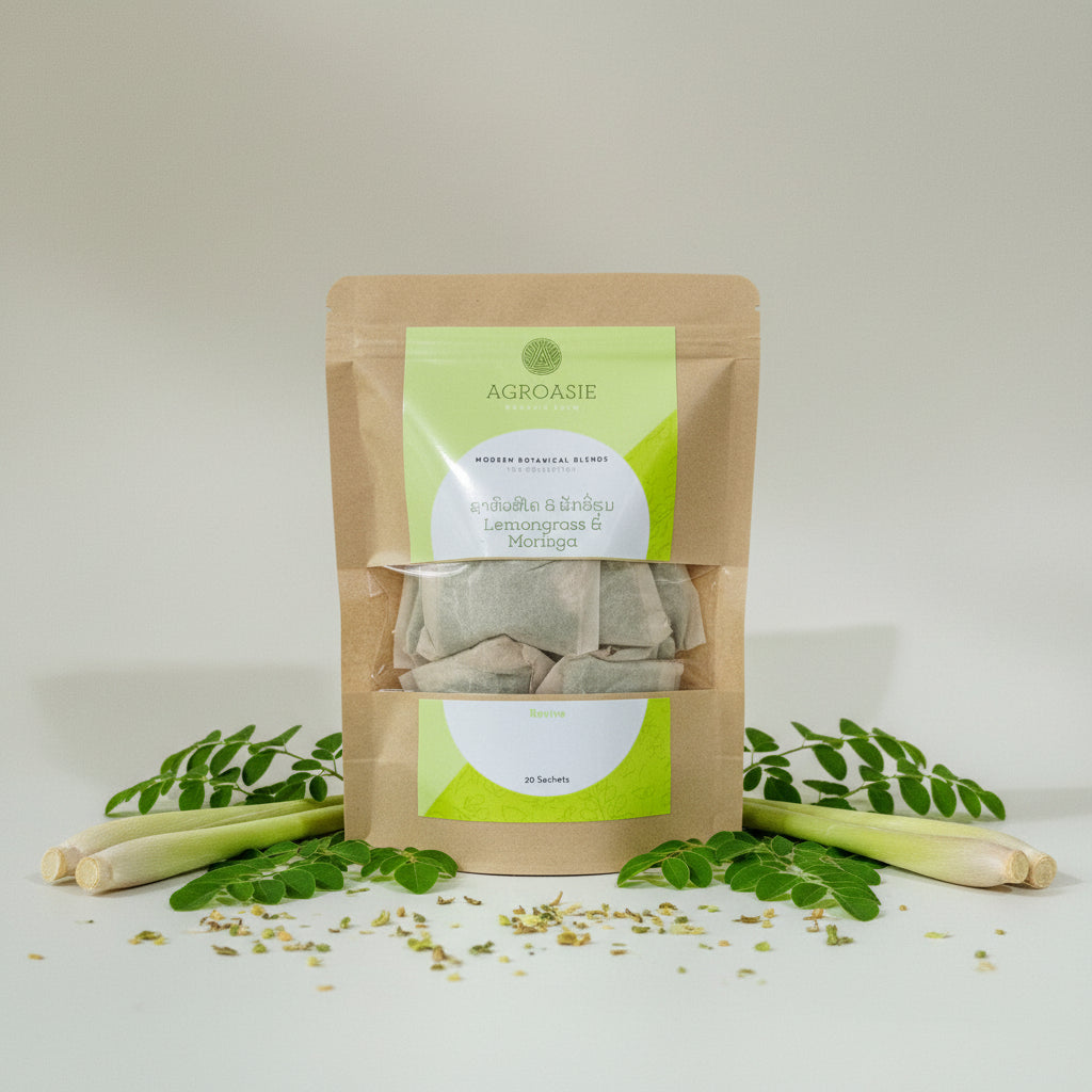 Tea packages with Agroasie branding on a light background