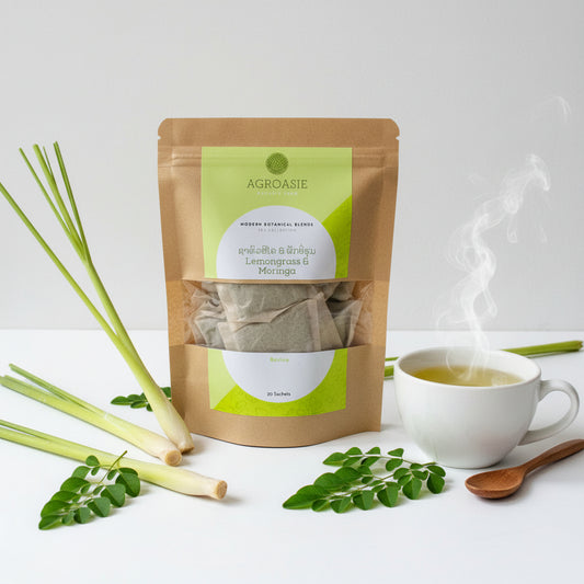 Tea packages with Agroasie branding on a light background